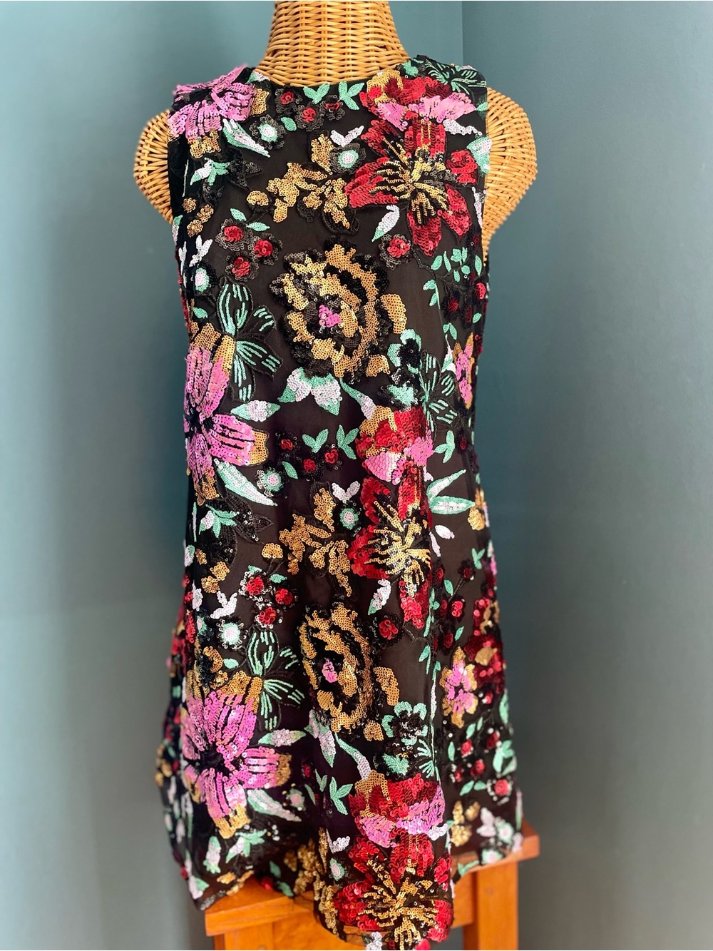 Storia Sequin Floral Mesh Shift Mini Dress Multi Color Size Small